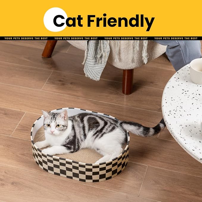 Conlun Oval Cat Scratcher Box with 4 Scratching Pads | Medium | Corrugated Cardboard | Reversible Design | Protects Furniture | Enclosed Bottom | Mess-Free Lounge Bed for Indoor Cats
