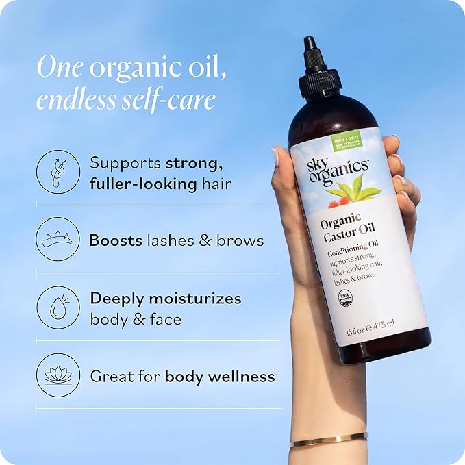 Sky Organics - Castor Oil Organic - Volumizing Hair Oil - Scalp, Lashes, Brows - Pure Castor Oil Cold Pressed - Natural Conditioner - Omega Fatty Acids, Vegan - Beauty, Hair Care, & Self Care - 16oz