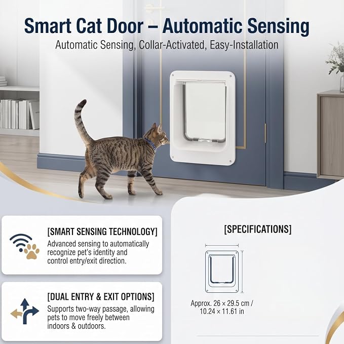 GLOGLOW Automatic Cat Door Interior Door, Smart Pet Access with Electronic Flap, Collar Activated and Secure Locking for Cats and Dogs, 10.24x11.61in Size