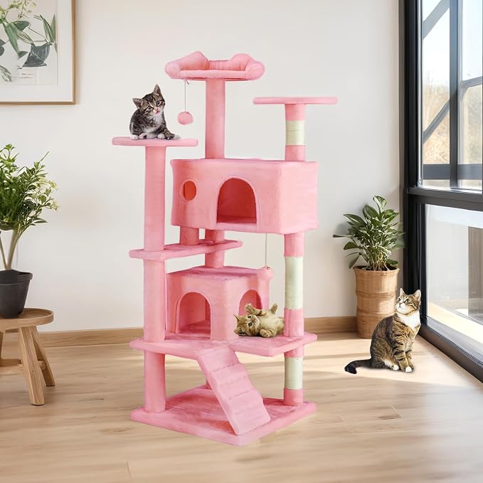 Sweetcrispy 54-inch Cat Tree Tower with Scratching Posts, Indoor Use | Multi-Level Indoor Cat Tree Condo with Climbing Ladder, Plush Toy, Play House for Kitten, Pink