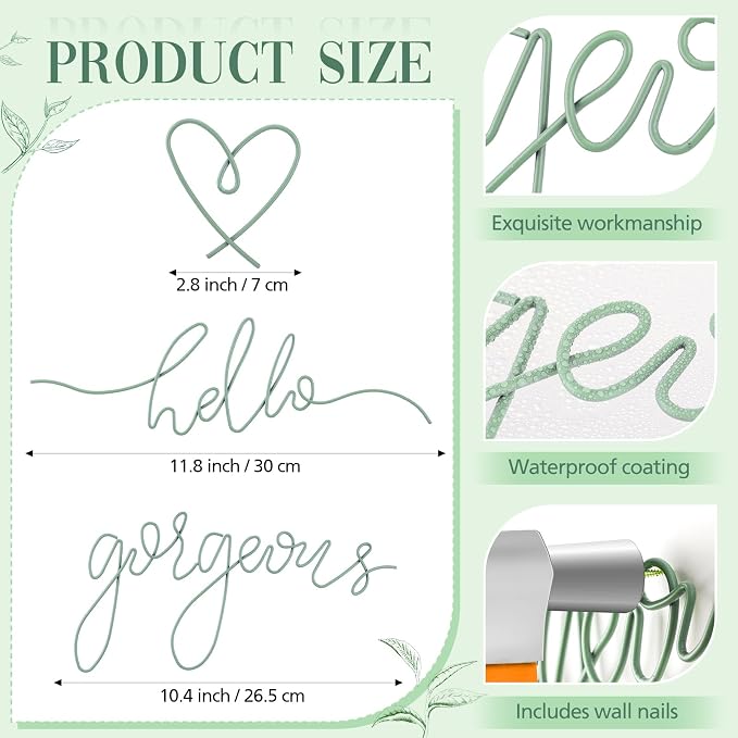 Hicarer Metal Hello Gorgeous Wall Art Minimalist Wall Decor,Green,Classic | for Bedroom Bathroom Living Room Dressing Room Salon Vanity Office Home Decoration, Easy to Install