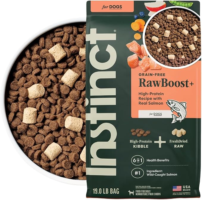 Instinct Raw Boost, Natural Dry Dog Food with Freeze Dried Pieces, High Protein, Grain Free Recipe - Real Salmon, 19 lb. Bag | High-protein kibble with FreshDried raw bites, wild-caught salmon, grain-free recipe, 6-in-1 health benefits