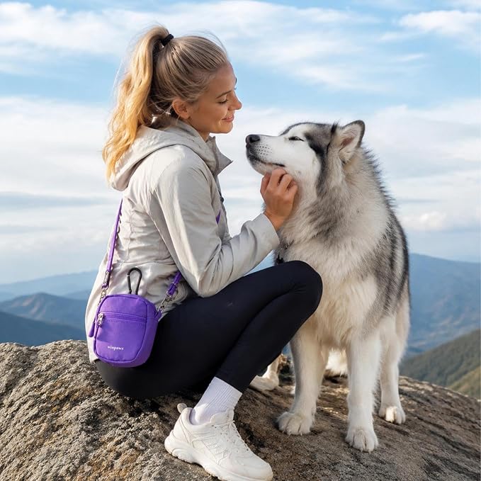 Dog Treat Pouch with Poop Bag Holder, Small Crossbody Bag for Puppy Training and Walking, Shoulder Strap Can Use as Dog Leash- Pet Travel Accessories, Metal Carabiner Attached (Purple) | 900D Oxford Fabric