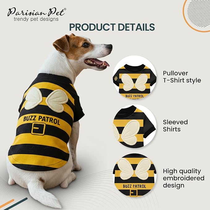 Parisian Pet Dog Buzz Patrol Bee Shirt - Embroidered Pet Vest - 100% Cotton & Polyester Doggy Shirt - Lightweight Pet Clothes - Sleeved Puppy Costume - Funny Shirts for Large Dogs - XL