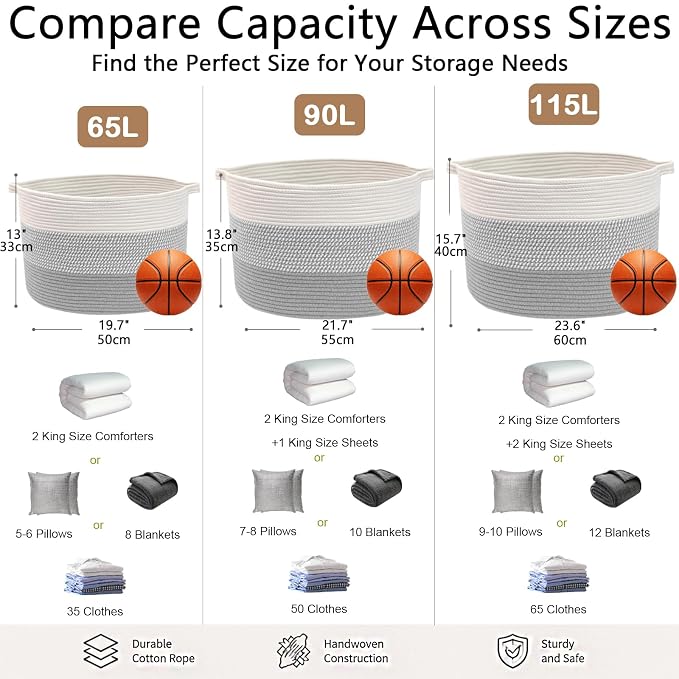 65L Large Blanket Basket,Woven Rope Laundry Basket-Grey | Collapsible, reinforced handles, nursery storage bin organizes clothes, toys and pillows for living room, bedroom bathroom