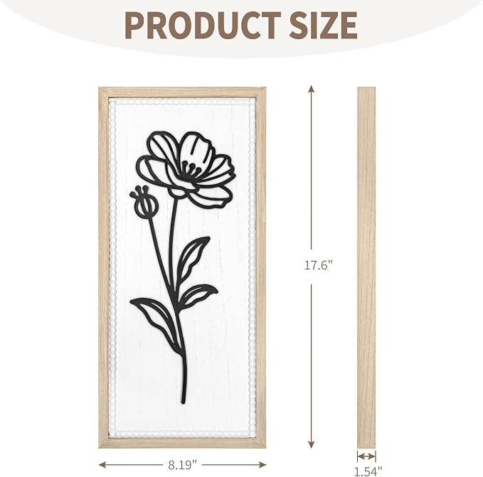 White Floral Bathroom Wall Decor Set of 2, Wood-Framed 3D Wall Art Panels | Raised floral cutouts in rectangular frames, ready to hang; neutral boho farmhouse decor for bedrooms, hallways and entryways