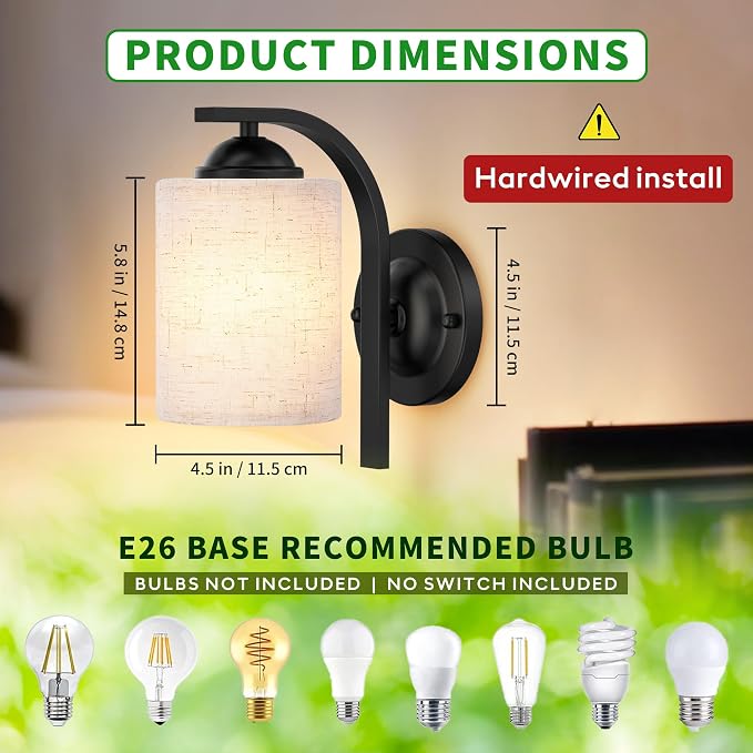 Wall Sconces Lights Lamp for Bedroom Bathroom, Modern Vanity Light Fixtures, Matte Black Farmhouse Wall Mount Lighting Lanterns with Fabric Shade for Living Room Mirror Hallway Kitchen