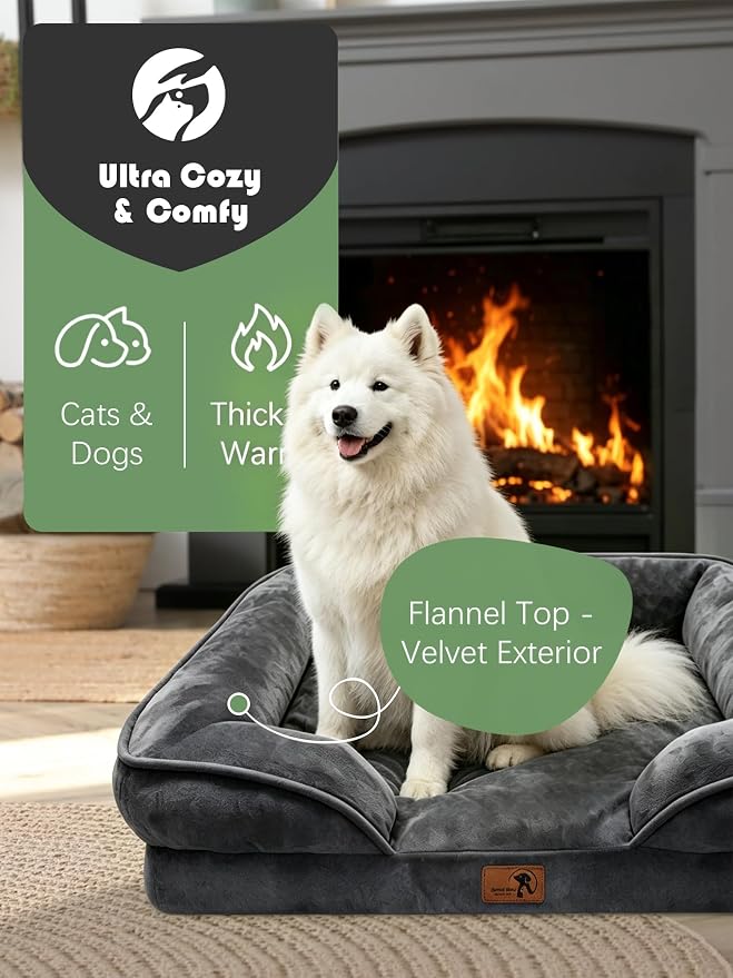 Spotted Play Orthopedic Dog Bed with Sides - Sofa Beds for Large Dogs, Supportive Foam Pet Couch Bed with Washable Removable Cover, Waterproof Lining and Non-Slip Bottom, Dark Grey - L-Plus