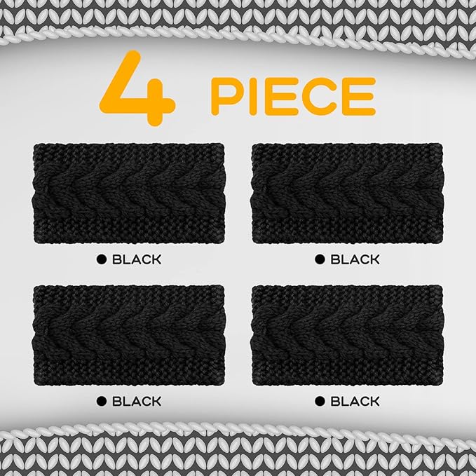 4 Pieces Winter Ear Warmers Headbands Women Warm Knitted Headband Braided Crochet Head Wraps for Girl (Black)