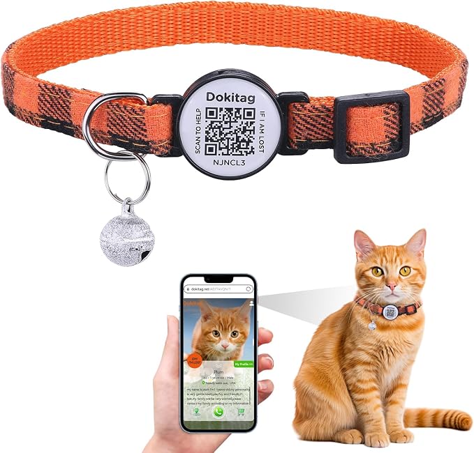 Cat Collar Breakaway with QR Code Name Tag,Pet ID Tag,Cute Kitty Collar with Bell,Scan QR Receive Instant Pet Location Alert Email (Orange)