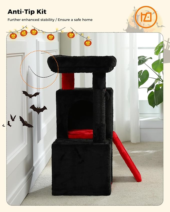 PAWZ Road 30" Cat Tree, Gothic Cat Tower with 2 Condos for Indoor Cats | cat trees for small cats,cat houses with scratching ramp and posts,dual condos&top perch with bat toys