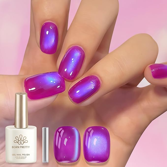 Born Pretty Spring Summer Cat Magnetic Eye Gel Polish,2026 Fruit Dark Purple Holographic Glitter Shimmer Translucent Sheer Magnetic Gel Polish with Blue Powder