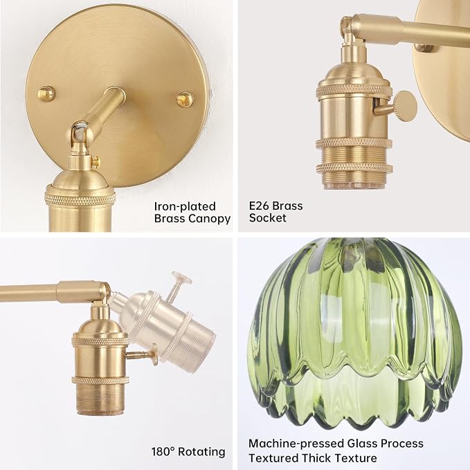 Shenmoyl Vintage Battery Operated Wall Sconce with Green Tulip Glass Lampshade 5000 mAh Rechargeable Battery Powered Wall Light with Remote Control for Bedside Bedroom Doorway, Set of 2