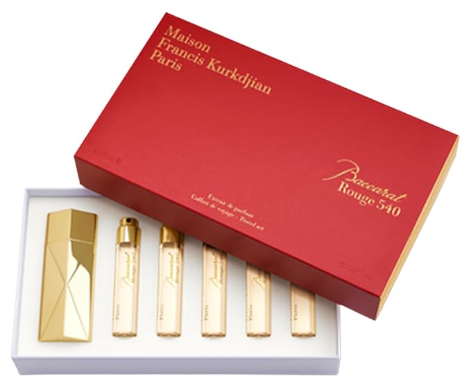 Baccarat Rouge 540 Travel Set by Maison Francis Kurkdjian for Unisex - 6 Pc Gift Set 5 x 0.37 Extrait De Parfum Spray (Refill), Case Gold