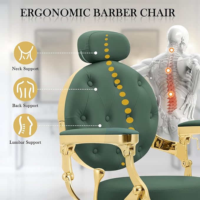 Barber Chair for Barbershop, Heavy Duty Recline Hair Salon Styling Chair with Removable Headrest, Professional Salon Beauty Spa Shampoo Equipment, Green Gold