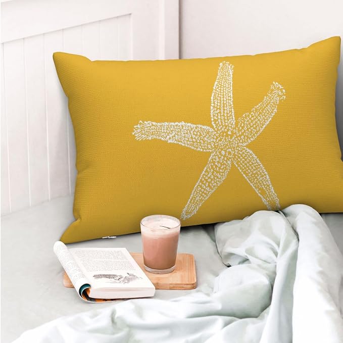 Coastal Pillow Covers 12x20 Inch Set of 2 Yellow Coral Starfish Throw Pillows Nautical Ocean Decorations Summer Linen Beach Pillowcase Outdoor Decor Farmhouse Cushion Case for Home Bedroom