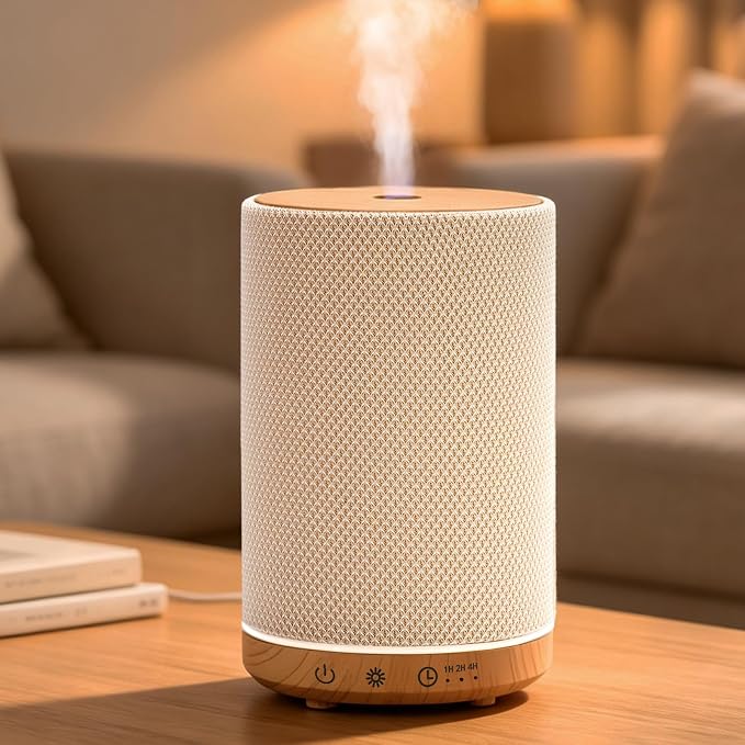 Essential Oil Diffuser 150ml, Fabric Texture Ultrasonic Aromatherapy Diffuser with 1/2/4H Timer, 7 Color Lights, Auto Shut-Off, Ultra-Quiet for Bedroom Home Office (White)