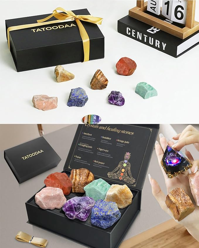 Chakras Crystals and Healing Stones Set with Worry Stones - 7 Chakra Stones, (2-2.5 in) Large Real Raw Crystals Positive Energy for Spiritual Meditation, Birthday Gifts for Women, Valentine's Day Gift