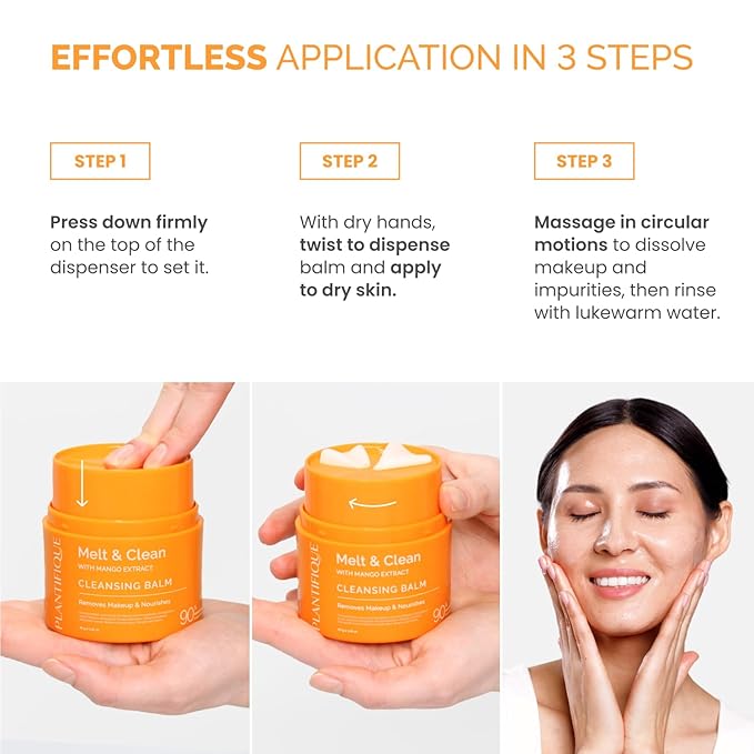 PLANTIFIQUE Korean Cleansing Balm Makeup Remover with Mango, Hyaluronic Acid, and Ceramide - Nourishing Melting Cleanser for All Skin Types, 1.41 oz / 40 g