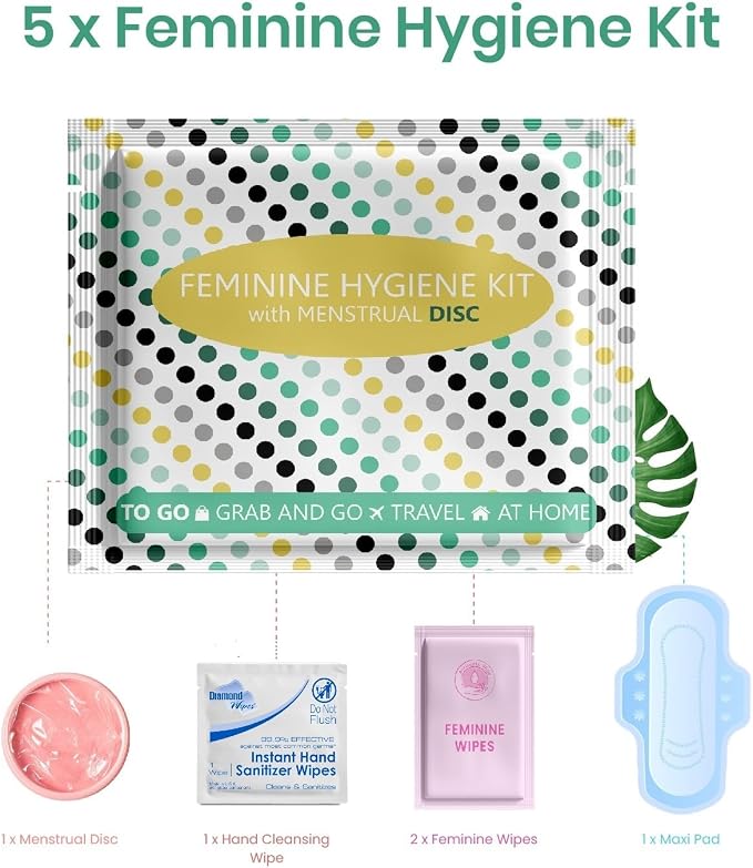 Menstrual Disc Kit with Pad - 5 Pack | Convenience on The Go | Period Kit Pack for Travelling Out of The House | Covers All Flows | Individually Wrapped Feminine Hygiene Care Products