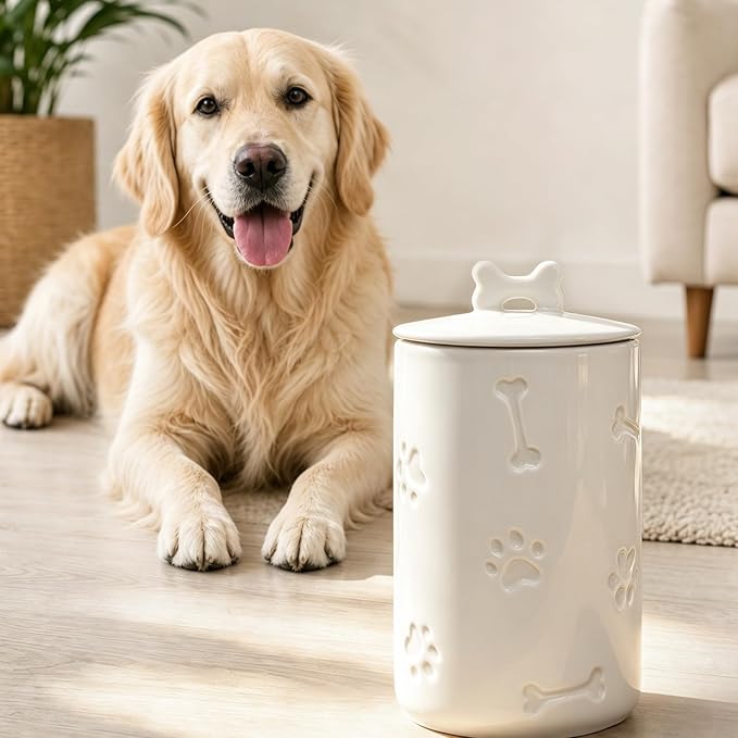 Dog Treat Container Airtight - 9"x5" Ceramic Big Treats Jar with Lid(White)