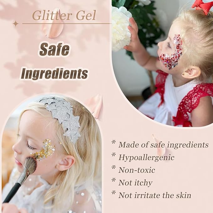 Face Body Glitter, Hair Glitter Sparkles Chunky Face Glitter Gel for Girls Makeup Singer Concerts Mermaid Festival Sequins Face Paint (White+Silver+Pink+Gold+Blue+Purple+Red)