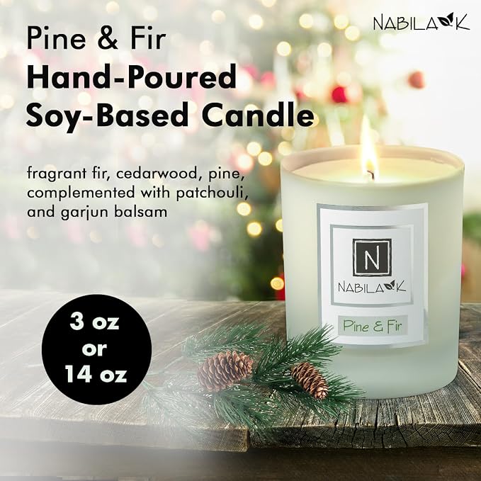 Nabila K – Pine & Fir - Soy-Based Candle – Fragrant Fir, Cedarwood, Pine, Patchouli, Garjun Balsam - Hand-Poured - Cotton Wick - Aromatherapy Candle w/Essential Oils - Made in USA - 14 oz