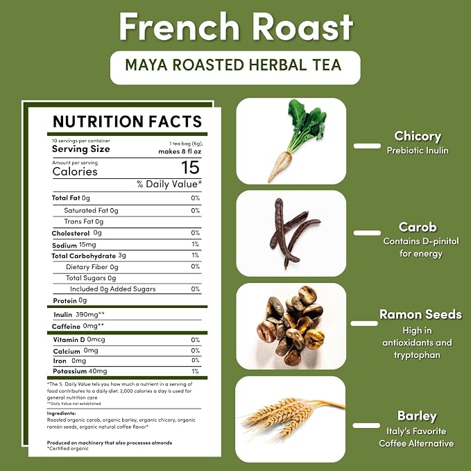Teeccino French Roast Herbal Tea - Rich & Roasted Herbal Tea That’s Caffeine Free & Prebiotic for Natural Energy, Coffee Alternative, 10 Tea Bags
