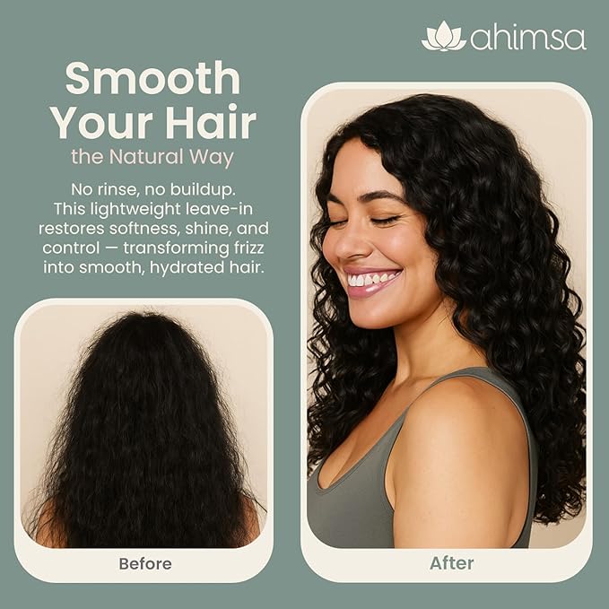 Ahimsa Pre & Post Workout Leave-In Conditioner, Lightweight Hydrating Leave In Conditioner for Curly, Wavy & All Hair Types, Anti-Frizz Heat Protectant, Water-Based with Coconut Oil & Jasmine (4oz)