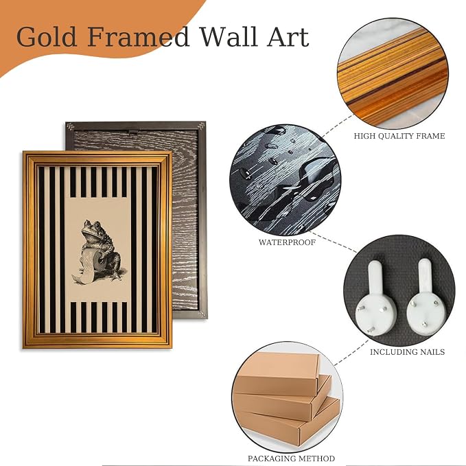 Funny Bathroom Gold Framed Wall Art Vintage Whimsical Frog Wall Decor Art | Black Beige Striped Picture Canvas Art Retro Animal Small Framed Prints Artwork For Vanity Shelf Restroom Toilet Powder Room