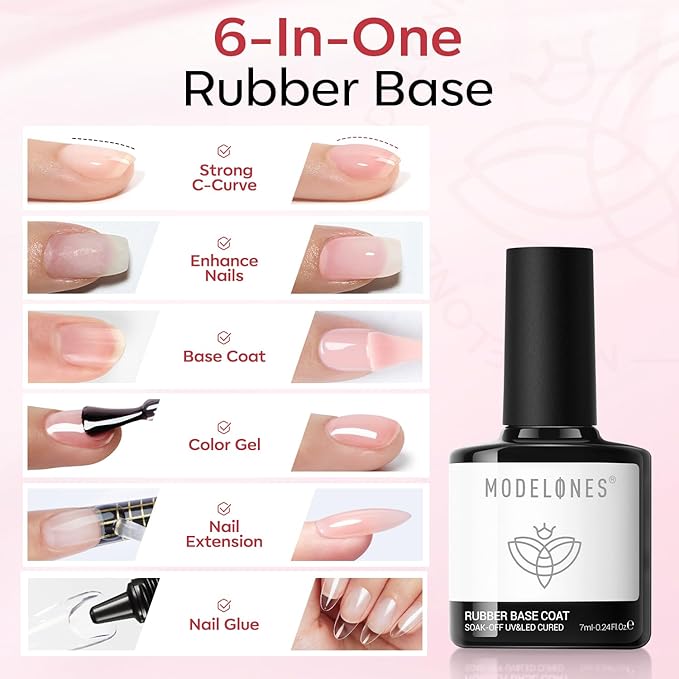 modelones Rubber Base Builder Nail Gel Polish, 6 Color Clear Nude Milky Baby Pink Jelly Brown 6 in One Strengthener Apex Building Extension for Weak Nails Long Last U V French Manicure Gift for Women