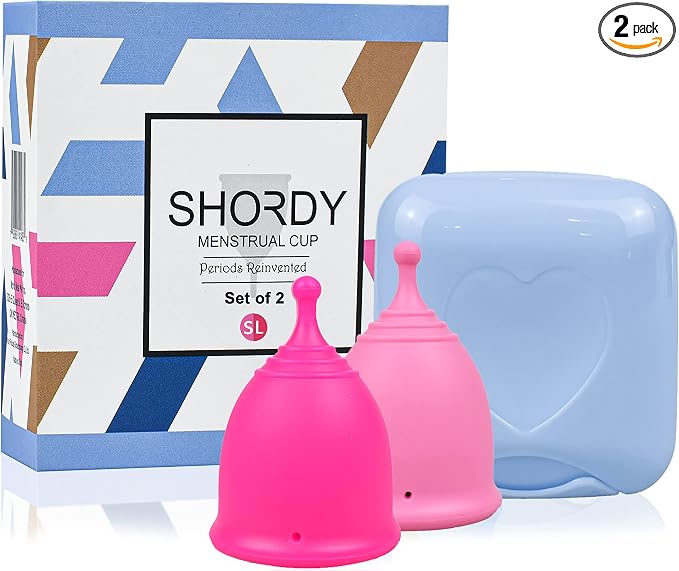 SHORDY Pink Menstrual Cups Set of 2 with Storage Box - Small and Large Reusable Period Cups for Women - 12 Hour Leak Free Protection - Medical Grade Silicone - Copa Menstrual para Mujer