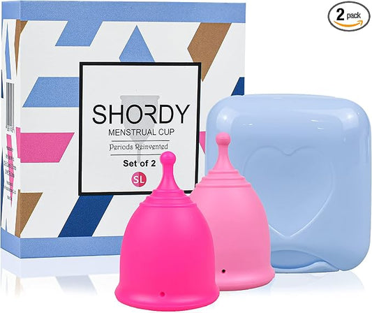 SHORDY Pink Menstrual Cups Set of 2 with Storage Box - Small and Large Reusable Period Cups for Women - 12 Hour Leak Free Protection - Medical Grade Silicone - Copa Menstrual para Mujer