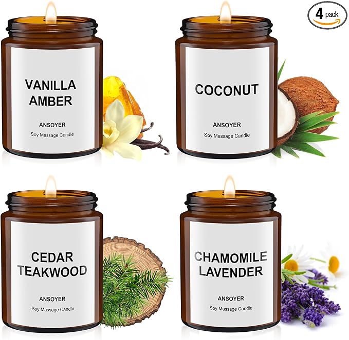 Massage Candles, 4PCS, Vanilla Amber/Coconut/Cedar Teakwood/Chamomile Lavender