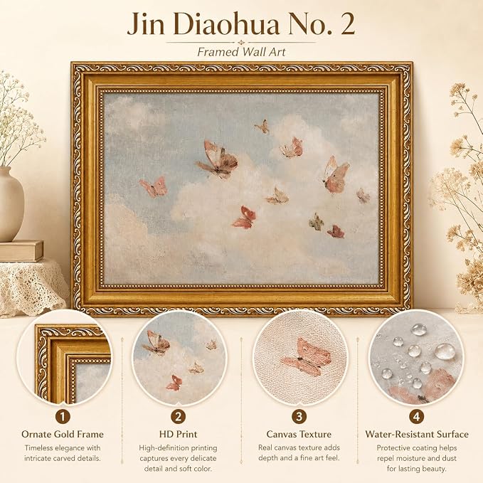 Framed Butterfly Canvas Wall Art,Vintage Girl Nursery Wall Decor16x24in | Soft pastel canvas print Romantic Nature Paint Picture for bedroom, nursery, living room or entryway