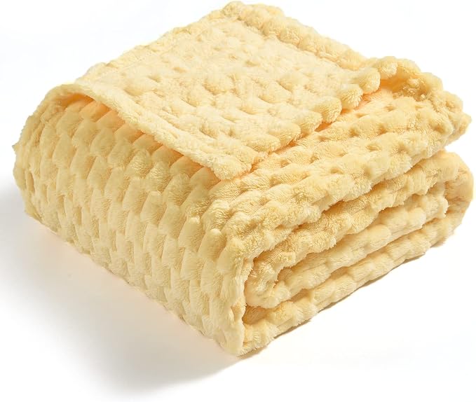 Vessia Flannel Fleece Throw Blanket(50x60 inch), 3D Jacquard Light Yellow Fuzzy and Warm Blanket for Couch, Sofa, Bed, Chair, 300GSM Super Soft Touch Cozy Lightweight Throw for All-Season Home Decor