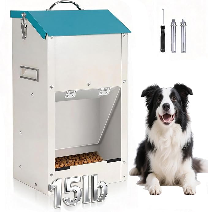 Automatic Dog Feeder Large Breed, Galvanized Dog Dry Food Dispenser | 15lbs Wall Mountable Gravity Pet Food Station Auto Feeder Self Feeding with Clear Door for Puppy, Dog, Cat Outdoor Indoor