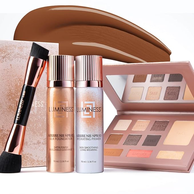 LUMINESS Complete Makeup Kit - Includes Face Palette, Airbrush Foundation, Primer and Brush - Silky, Long-Wearing, Easy to Blend, Perfect Makeup for Older Women, 4-PC Make Up Set (13 - Deep)