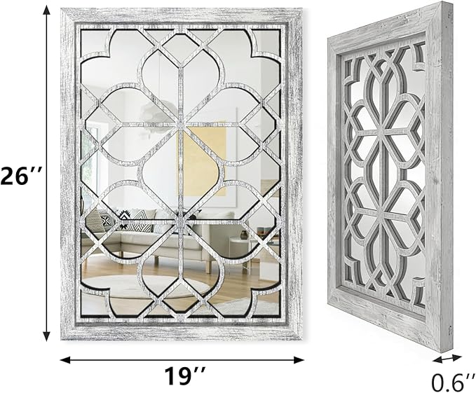 Set of 2 19x26 Inch Large Grey Shatterproof Rectangular Wall Mirrors, Boho Rustic Farmhouse Vintage Accent Mirrors for Living Room Bedroom Entryway Dining Room & Home Decor