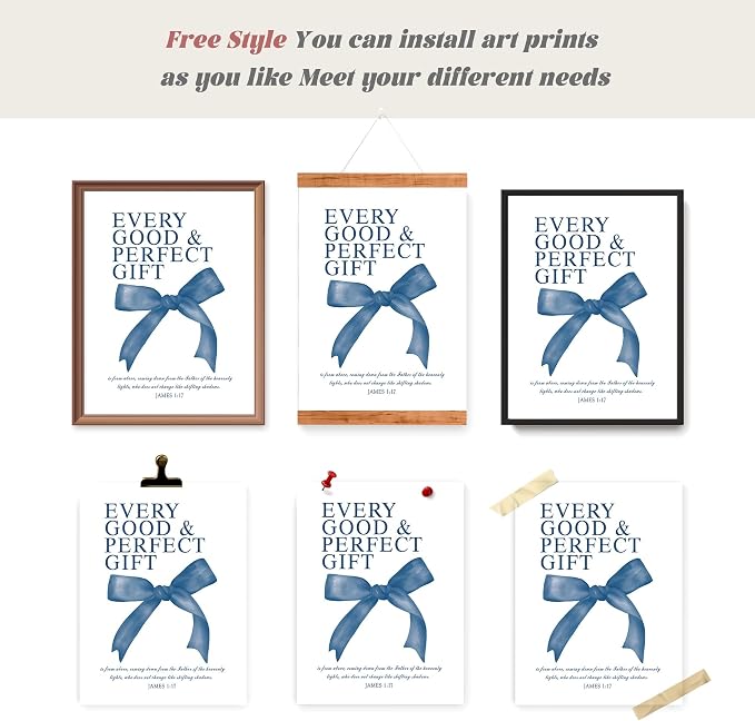 LARTSFRO Coquette Navy Blue Bow Wall Art Decor Posters, Navy Blue Bow Room Bedroom Bathroom Dorm Wall Art Decor Aesthetic for Teen Girls Gifts, Inspirational Bible Verses Bow Wall Decor, 12x16 Inch Set of 4 Pcs Bow Pictures (UNFRAMED)