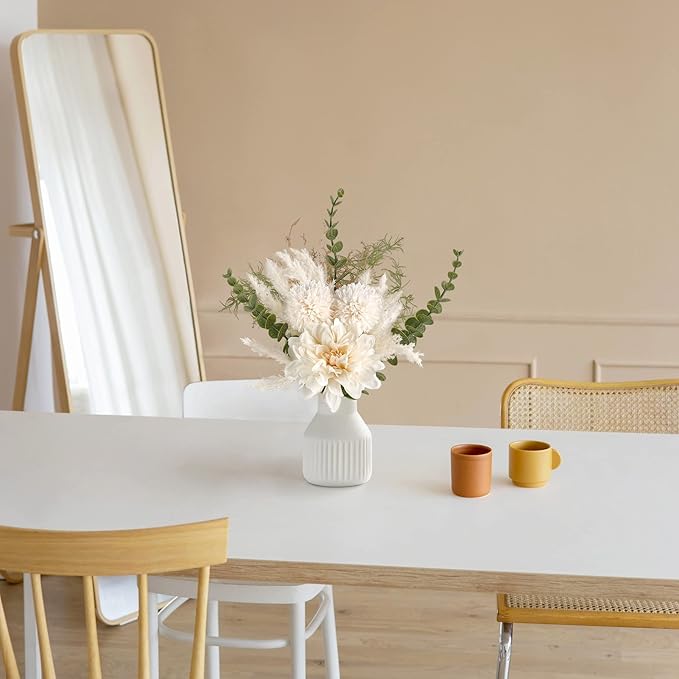Mkono Fake Flowers in Ceramic Vase, 12.5" Coffee Table Centerpieces, White | Table Decor with vase, Small Silk Faux Artificial Flower Arrangements, Fits Bathroom Dining Room Kitchen Home Indoor Decor