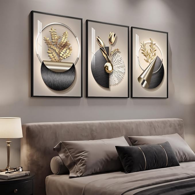Framed Modern Elegant Wall Art for Living Room, 3 Piece Black and Gold Bright Luxury Prints Paintings, Contemporary Golden Flower and Geometric Pictures for Bedroom Dining Room Entryway Wall Decor 16x24 In