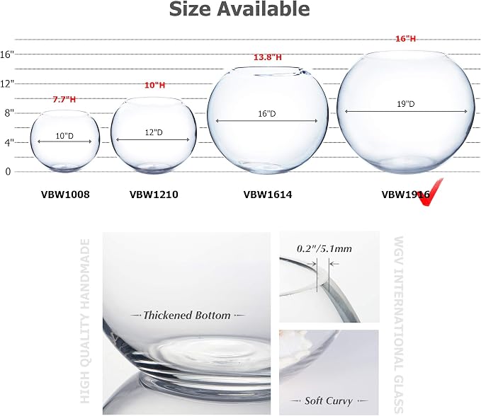 WGV Large Bowl Glass Vase, Diameter 19", Height 16", (Multiple Sizes Choices) Clear Huge Round Bubble Vase Jar, Floral Planter Terrarium for Wedding Event Home Decor, 1 Piece (VBW1916)