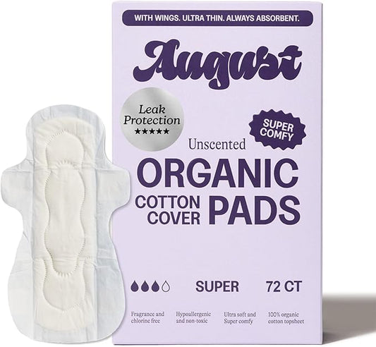 August Super Cotton Menstrual Pads, 72-Pack Ultra Thin Pads with Wings, Hypoallergenic Sanitary Napkins with Organic Cotton Topsheet, Compostable Wrappers, Toxin Free, Fragrance Free