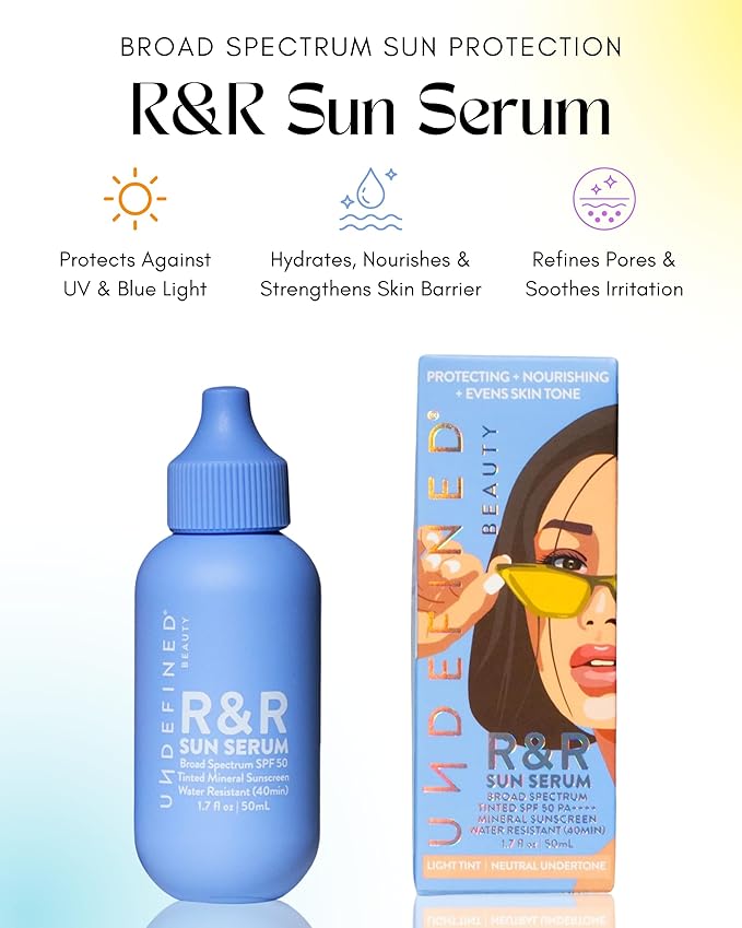 Undefined Beauty R&R Sun Serum SPF 50 PA++++ Tinted Mineral Sunscreen with Niacinamide, Water Resistant Broad Spectrum Protection & Blue Light Defense (Light Tint)
