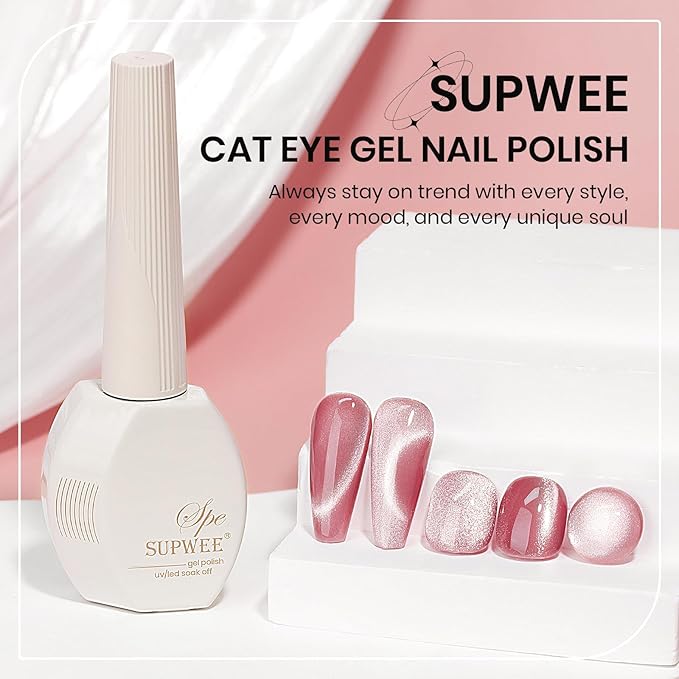 Pink Cat Eye Gel Nail Polish, Holographic Magnetic Gel Nail Polish Glitter Shimmer Effect with Magnet Soak Off U V Salon DIY at Home, 0.5 OZ