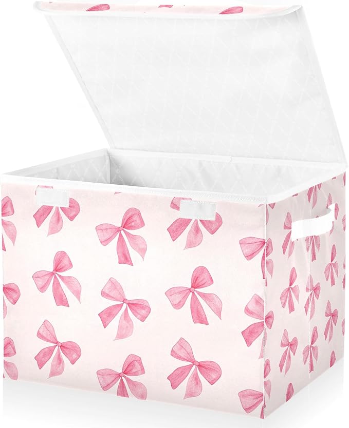 Pink Bow Storage Bins with Lids and Carrying Handle,Foldable Storage Boxes Organizer Containers Baskets Cube with Cover for Home Bedroom Closet Office