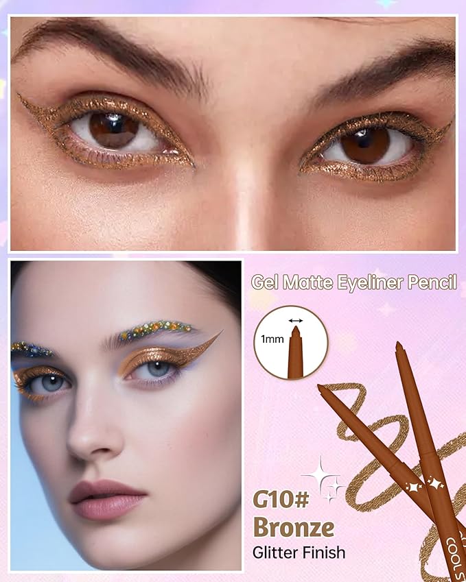 Glitter Gel Eyeliner Pencil,Retractable Cream Dark Gold Eye Liner Pencils,Waterline Eye Makeup Liners,Waterproof & Smudge Proof Eyeliner Facial Makeup Gift for Mature Women,Girls,Christmas –G10 Bronze