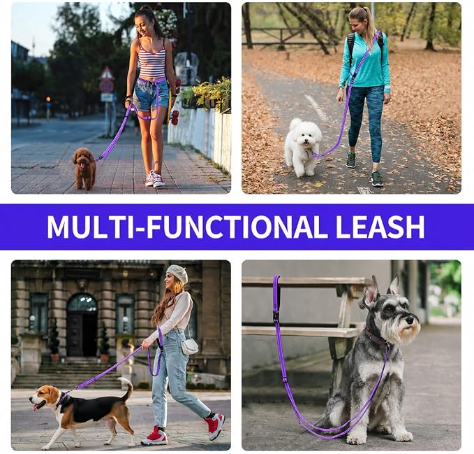 Kazazoo Hands-Free Dog Leash Adjustable Length 5-8 Ft,Waist & Crossbody Leash for Walking with Small Dogs Bichon Frisé & Teddy Reflective Strips, Ballistic Nylon, Waist Belt, Lightweight Purple
