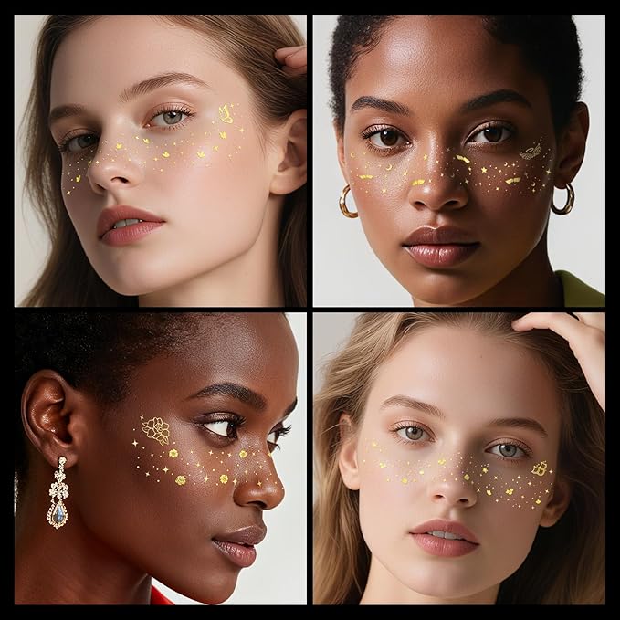 Cerlaza Glitter Freckles Face Tattoo, 16 Pcs Gold Speckles Makeup Patches, Waterproof Body Face Glitter for Women Girls, Country Concerts Singer Festival Rave Accessories